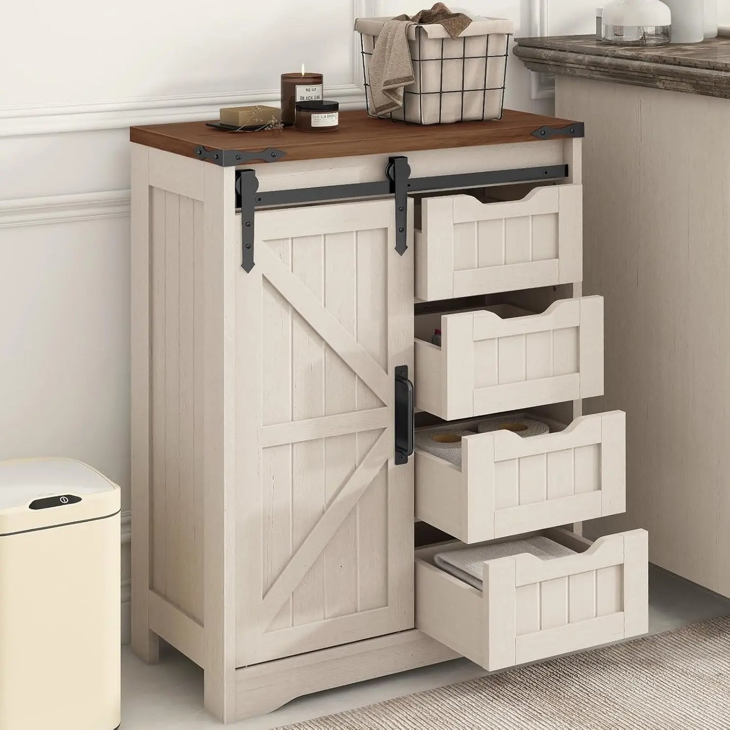 Farmhouse Floor Storage - Rustic Grey Cabinet with Drawer for Bathroom, Kitchen, Living Room & Office