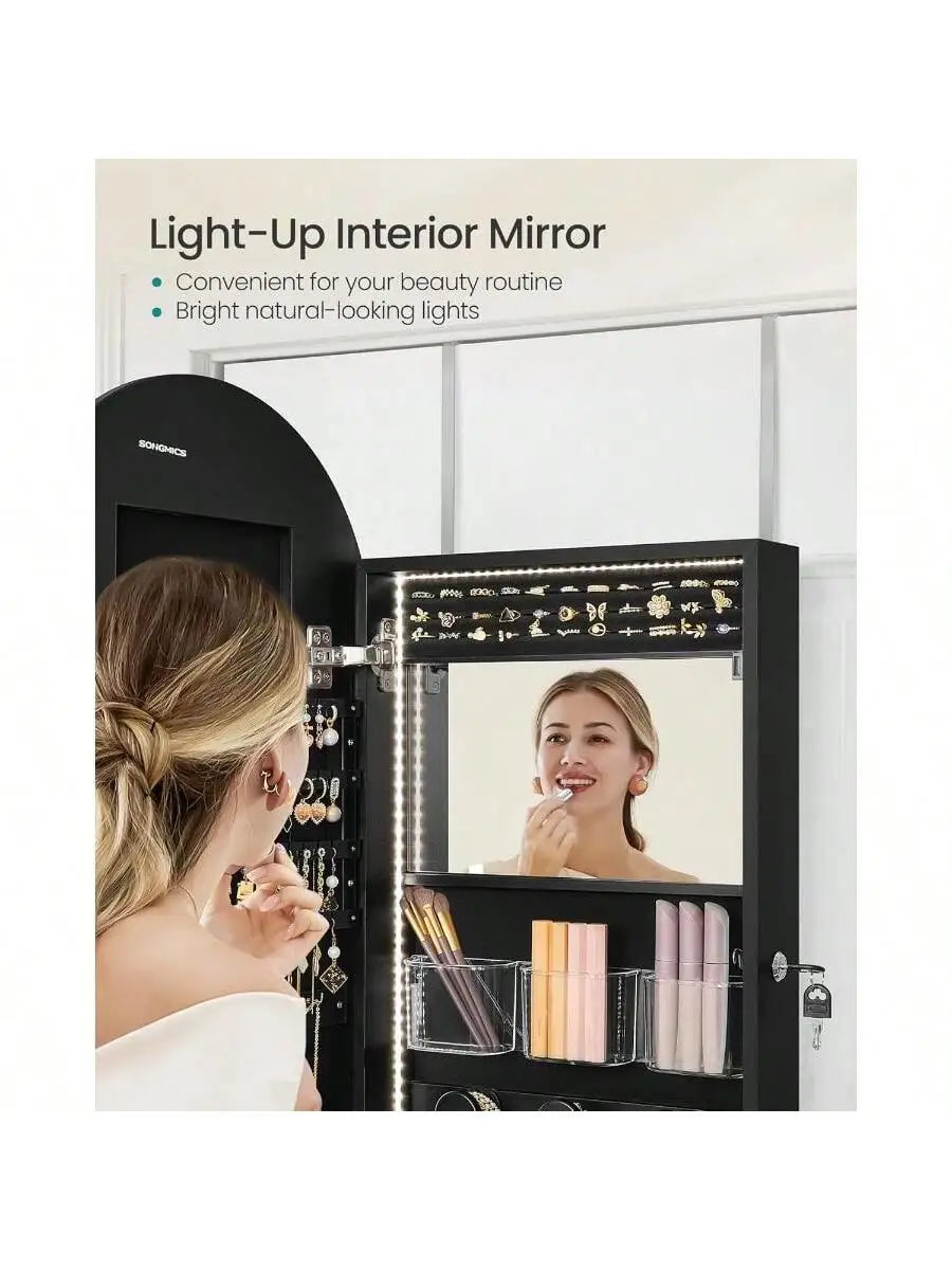 Wide Jewelry Organizer - LED Jewelry Cabinet Wall/Door Mounted - Arched Mirror with Storage - Lockable - Rounded Corner
