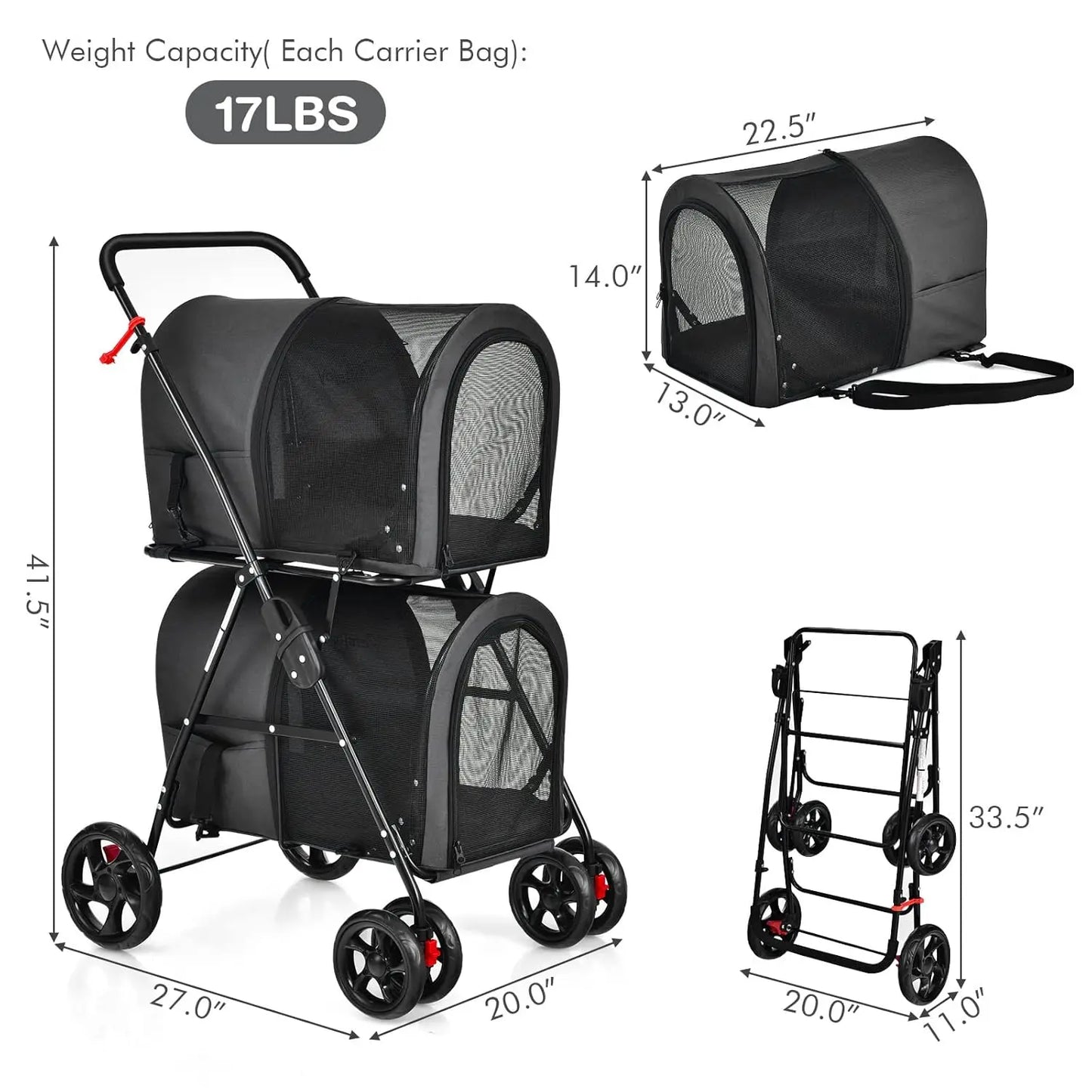 Double Pet Stroller with 2 Detachable Carrier Bags - Safety Belt - 4 Lockable Wheels - Cat & Small Dogs Stroller - Travel Carrier - Strolling Cart