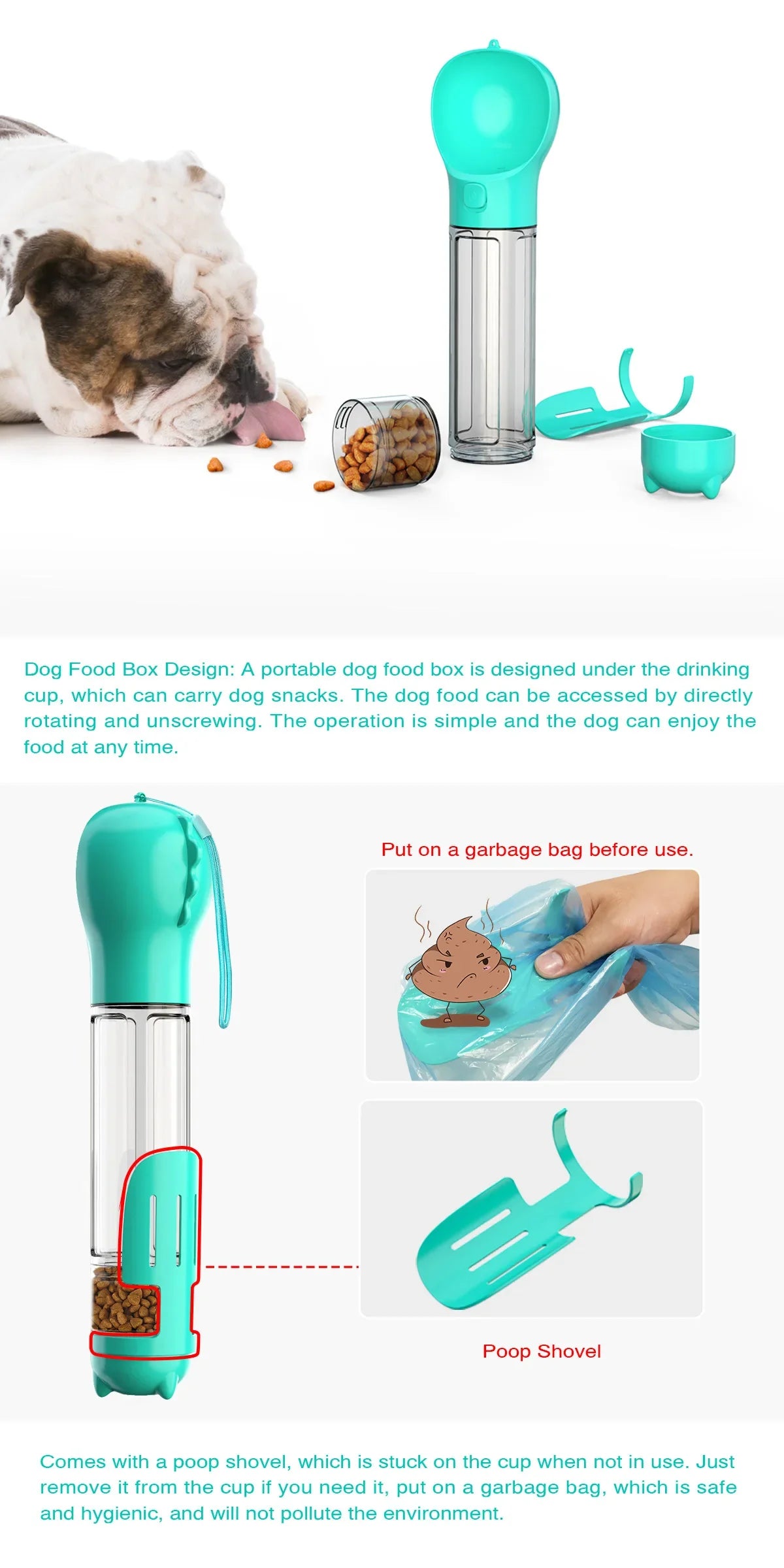 Portable Pet Dog Water Bottle For Small, Large Dogs - Travel Puppy, Cat Drinking Bowl Outdoor Pet Water Dispenser & Feeder with shovel & Pet's Poo Bags