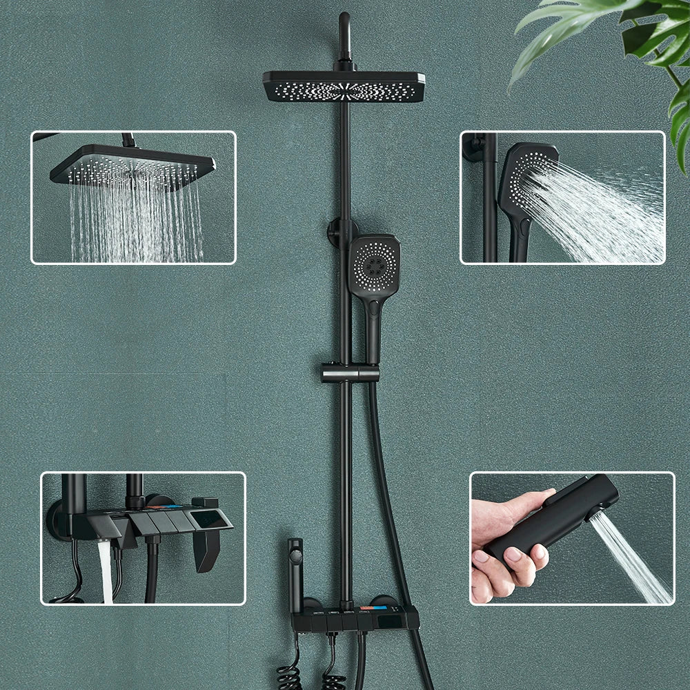 Rozin Black Smart Digital Display Shower Faucet Set - Piano Style Rainfall Bathroom System - Grey Digital Mixer Tap & Bidet Shower