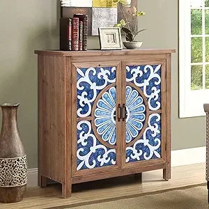 Sophia & William Accent Cabinet with 2 Doors - Distressed Storage Cabinet with Wood Frame and Checkered Patterns - Other Designs