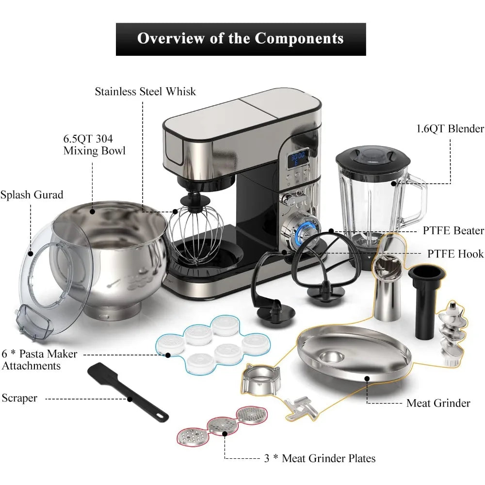 Multi-Function Kitchen Blender 6-IN-1 Stand Mixer - LCD Display Kitchen Electric Mixer