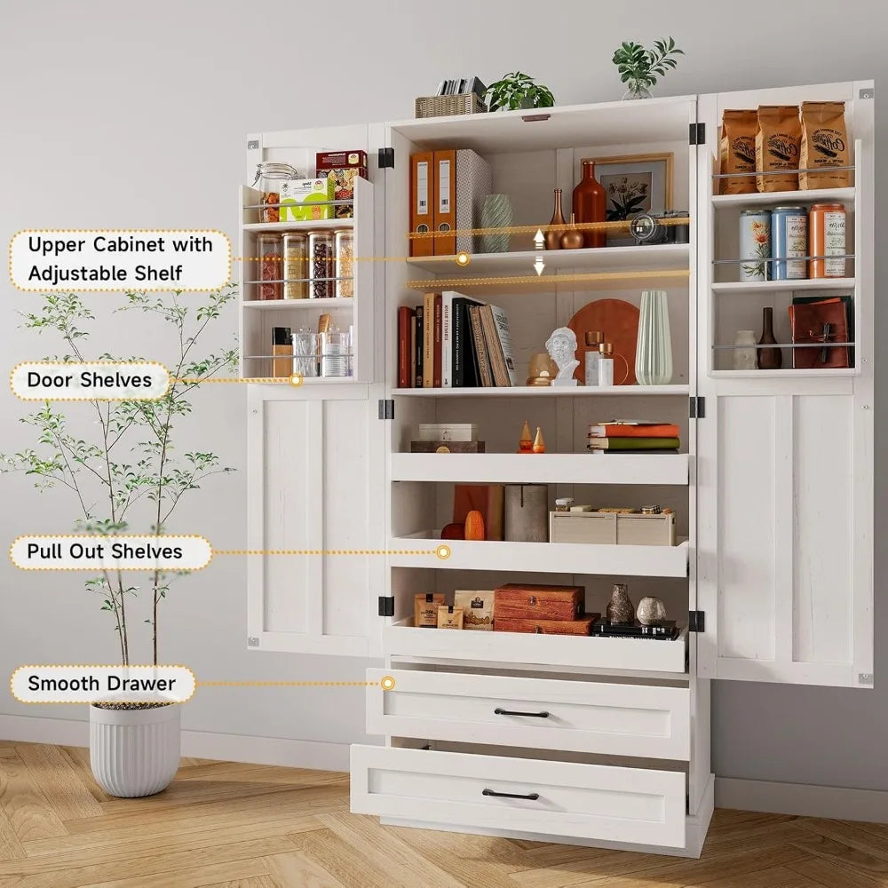 71" Tall Kitchen Pantry Cabinet with 3 Pull Out Shelves & 2 Large Drawers - Pantry Storage Cabinet with 6 Door Shelves