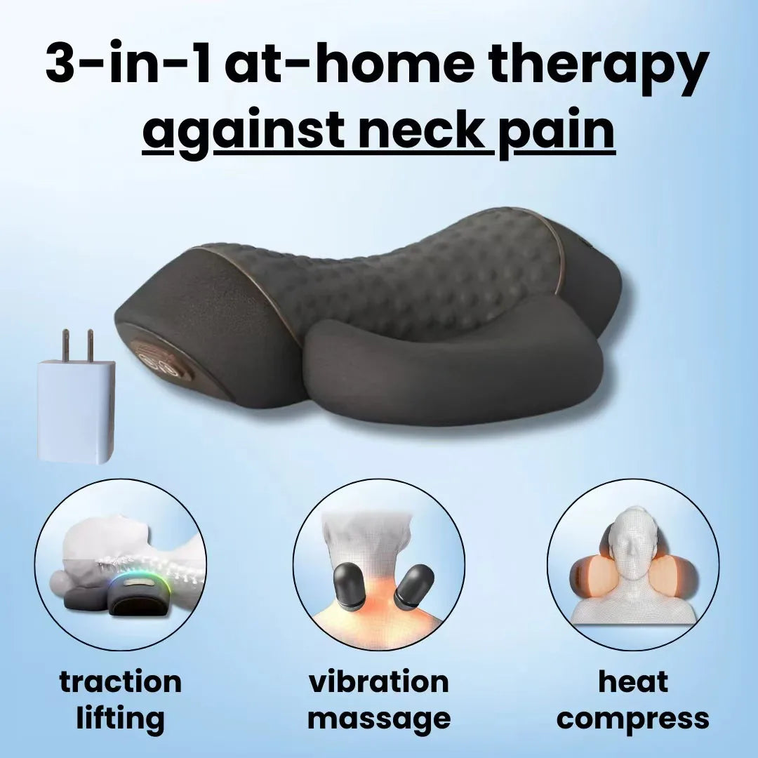 Soothing 3-in-1 Neck Massager - Cervical Pillow - Hot Compress - Vibration Massage - Neck Traction - Spine Support