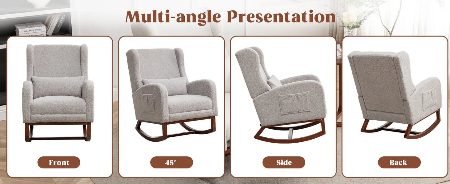 Rocking Chair with Foot Rest - Wingback Nursery Rocking Chair - Teddy Nursing Rocker Chair with Pillow