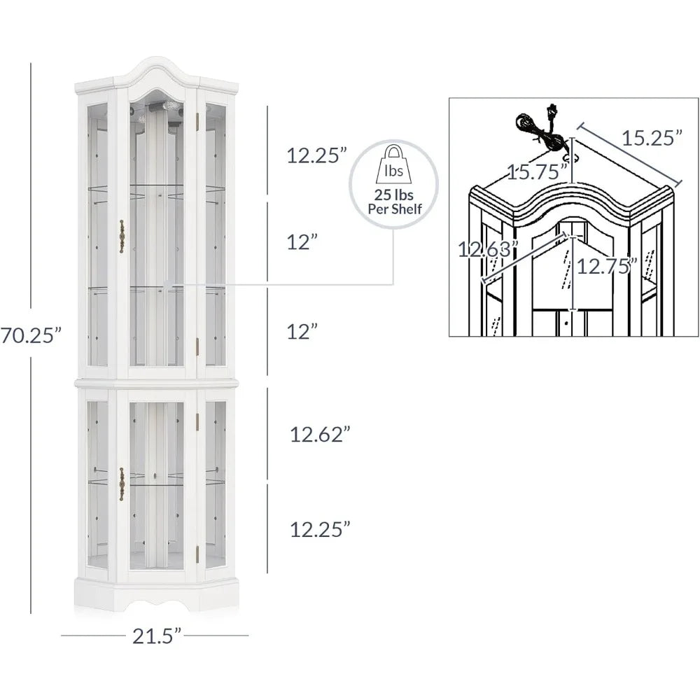 Lighted 3-Side Glass Display Curio Cabinet w/ Tempered Glass Doors and Shelves - Curved Wood Corner Cabinet with Bulb