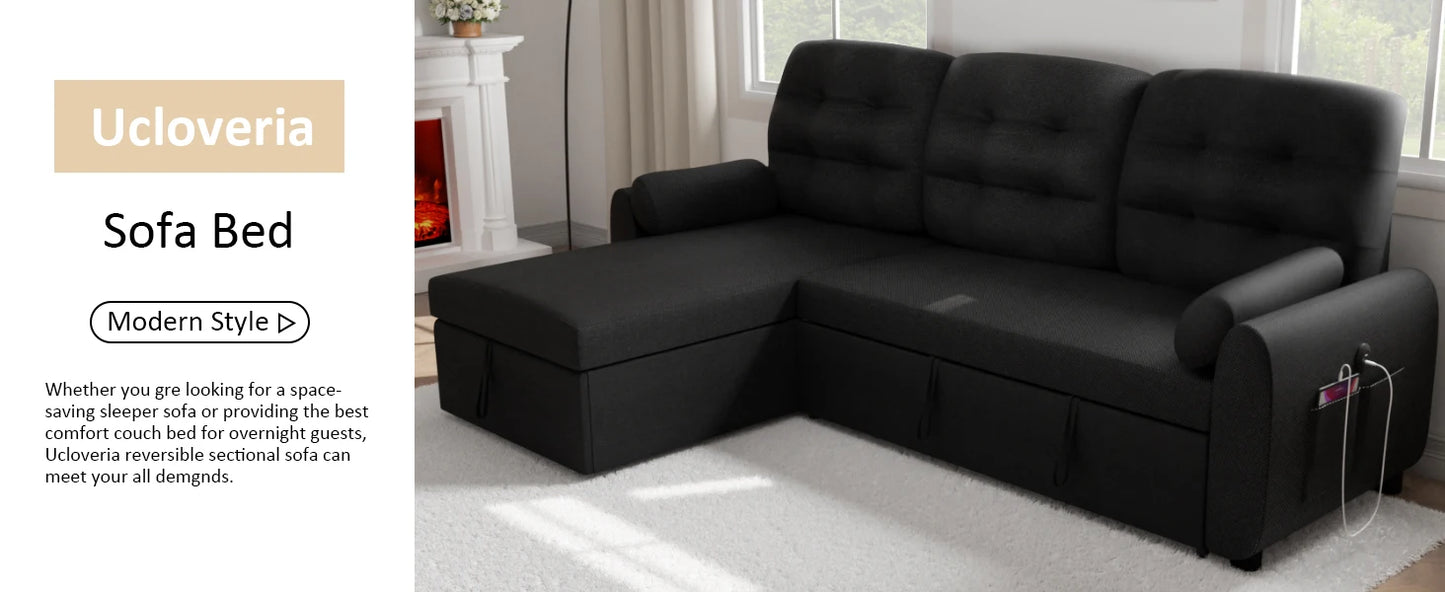 L Shaped Living Room Sectional Sofas - 87" Sleeper Sofa Bed with Side Pocket & Charging Station - Removable Backrest