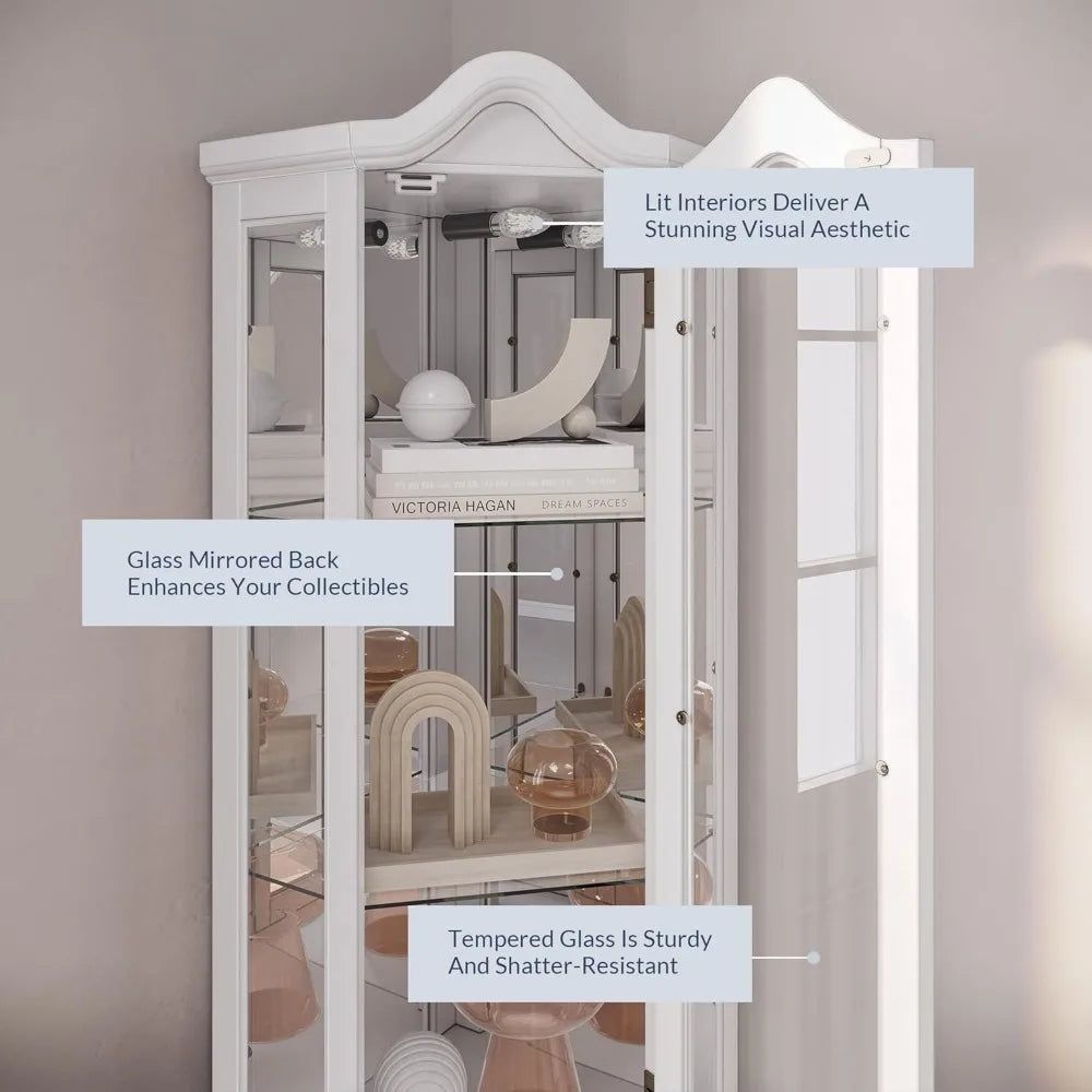Lighted 3-Side Glass Display Curio Cabinet w/ Tempered Glass Doors and Shelves - Curved Wood Corner Cabinet with Bulb