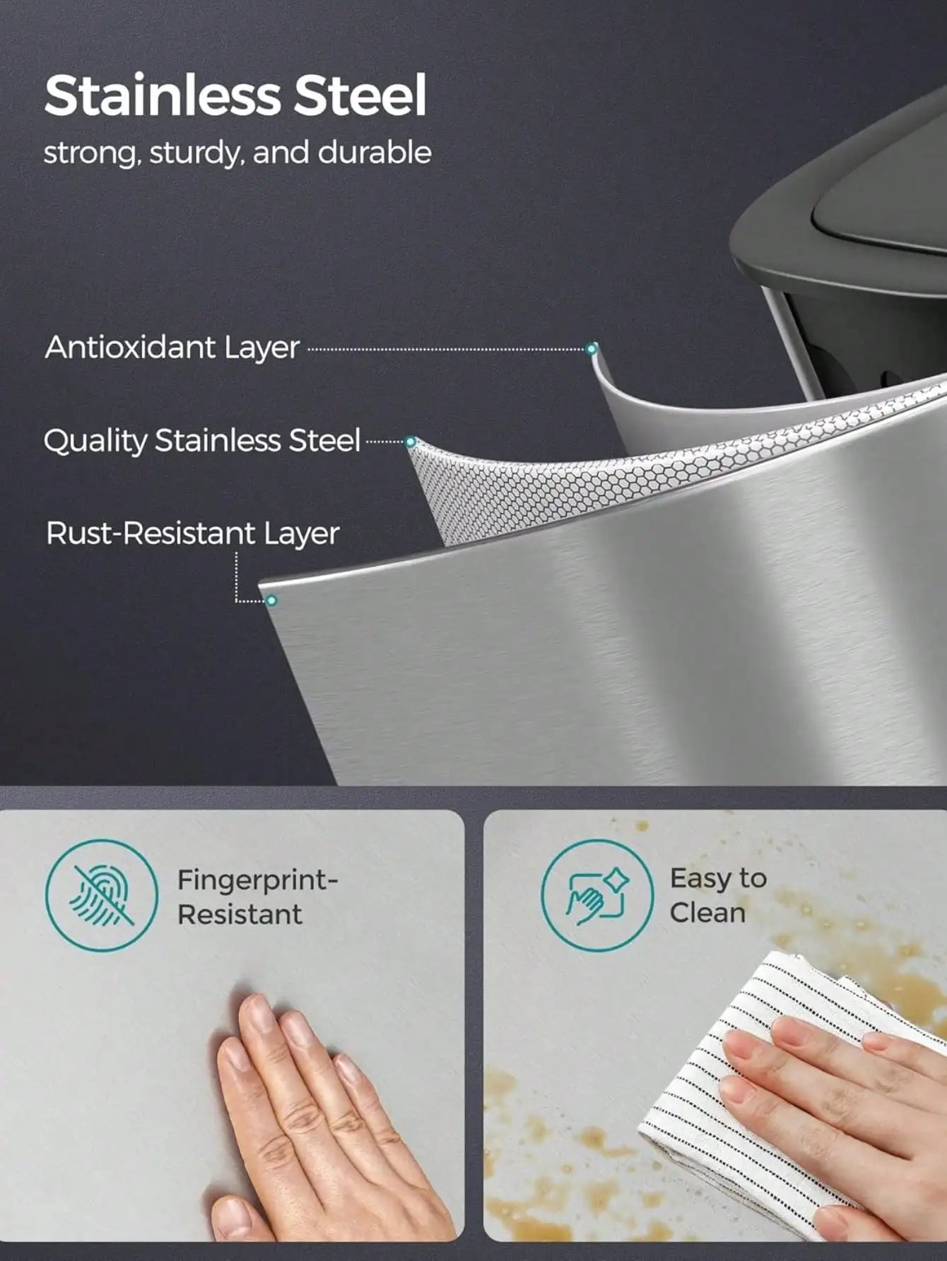 Motion Sensor Trash Can - 13 Gallon Automatic Garbage Can with Soft-Close Lid - Bag Retainer Ring - Stainless Steel
