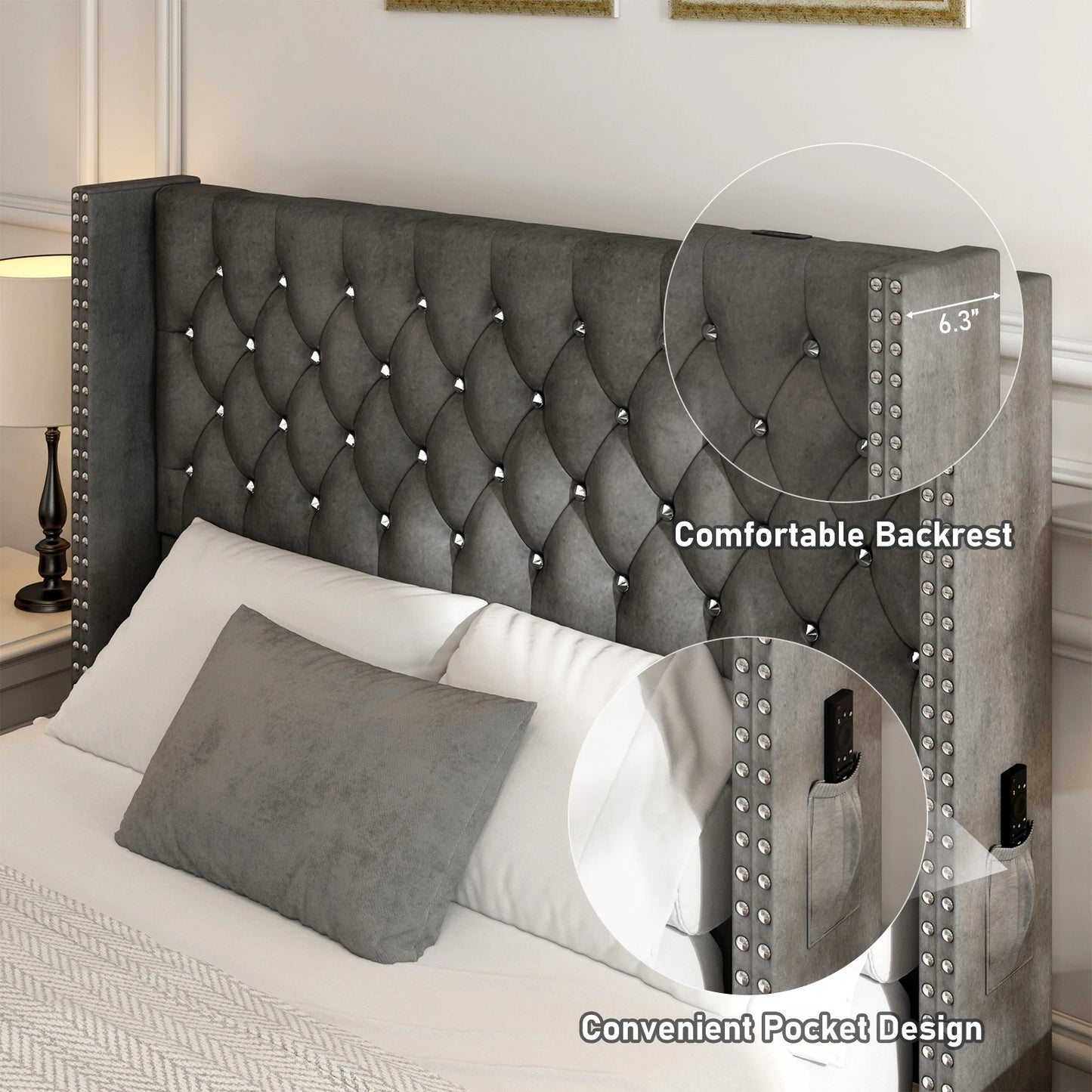 Bed Frame w/ A Wingback Headboard - LED Lights & Charging Station - Modern Upholstered Platform with Diamond Button Tuff