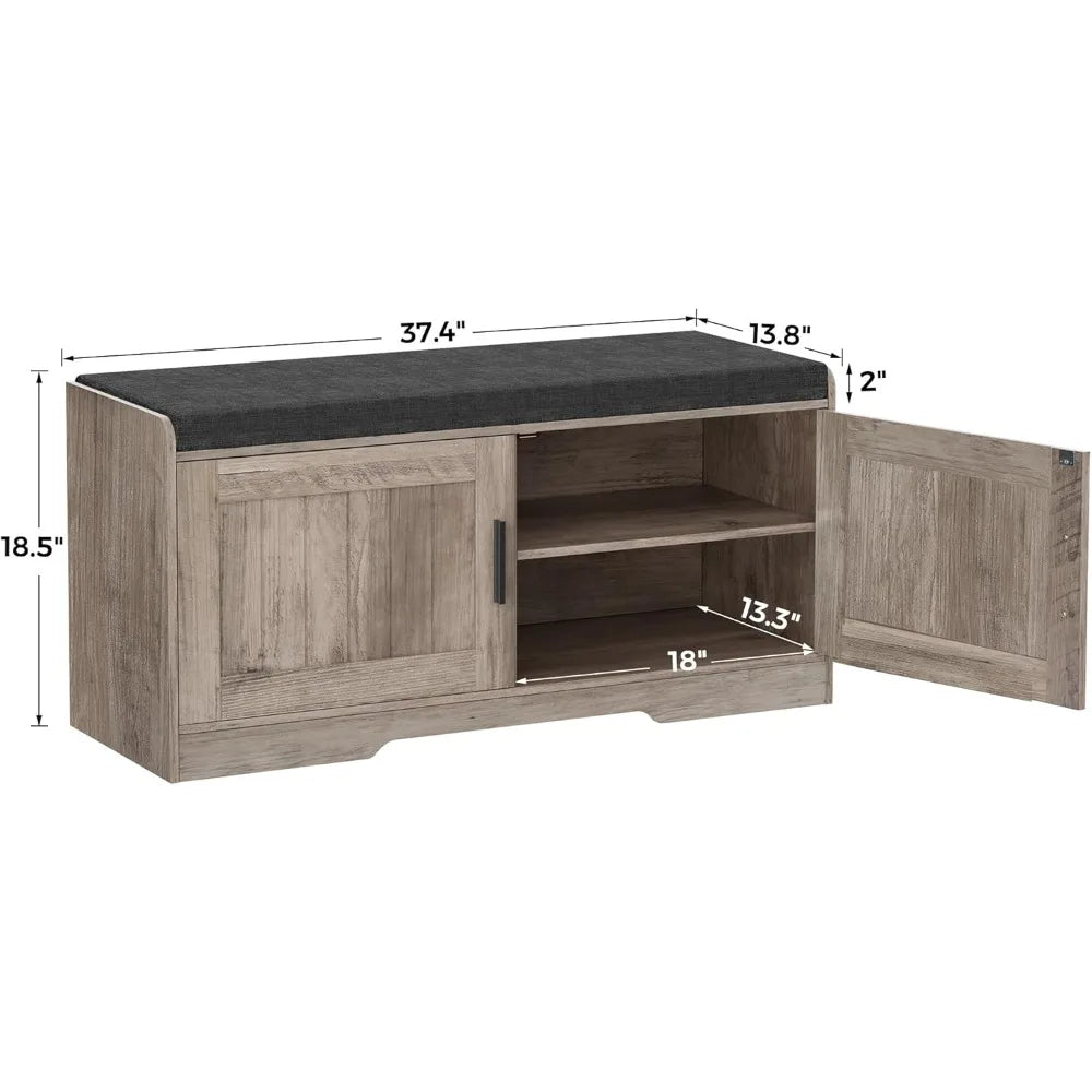 2-Tier Storage Shoe Bench with Thickened Padded Seat Cushion - Entryway Bench with 2 Doors - Adjustable Shelf