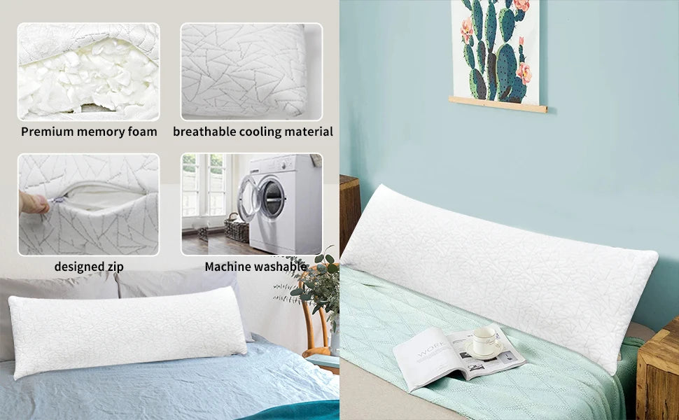 Memory Foam Body Pillow - Fluffy Body Pillows for Adults - Large Long Bed Pillows for Sleeping - 20x54 inch, White