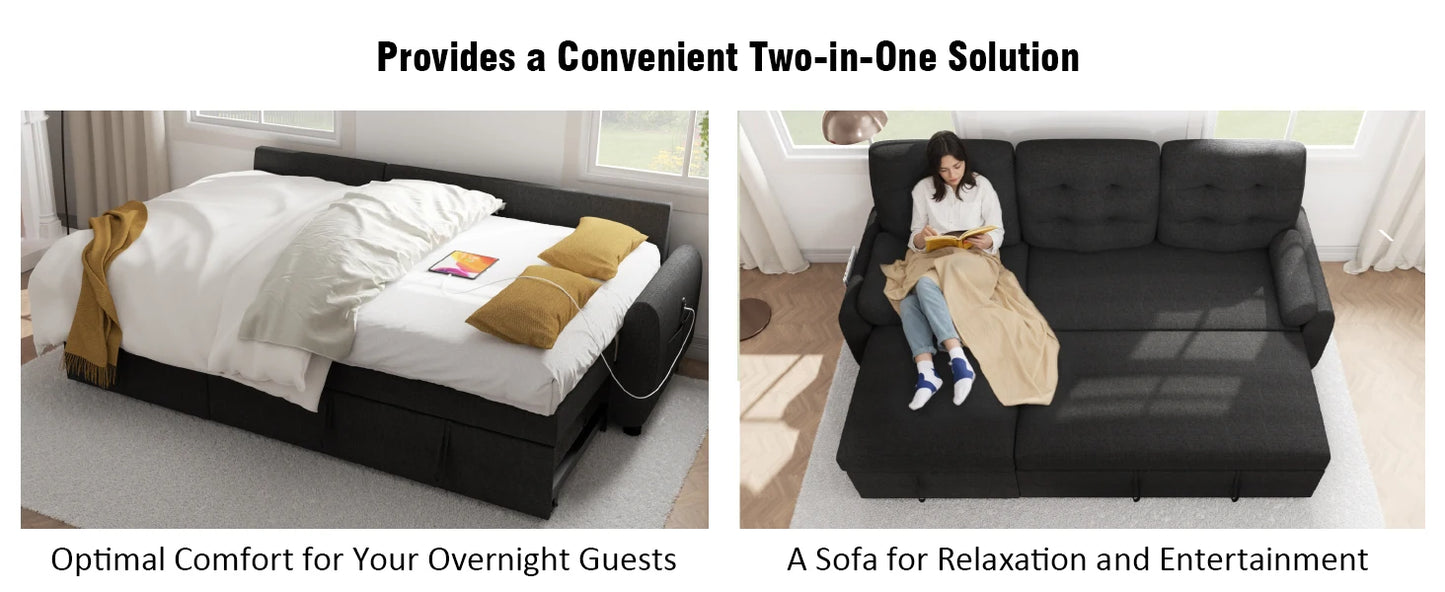 L Shaped Living Room Sectional Sofas - 87" Sleeper Sofa Bed with Side Pocket & Charging Station - Removable Backrest