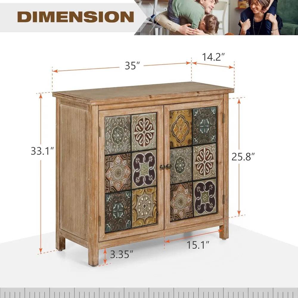 Sophia & William Accent Cabinet with 2 Doors - Distressed Storage Cabinet with Wood Frame and Checkered Patterns - Other Designs