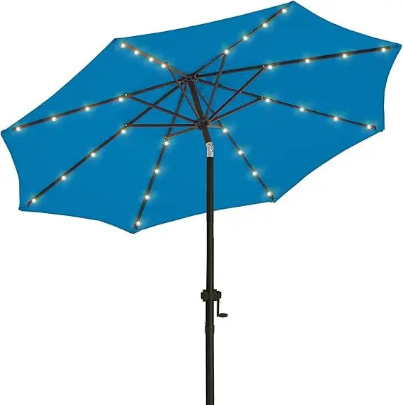 9ft Solar Led Patio Umbrella - Sturdy Outdoor Market Umbrella for Deck, Pool, Garden w/Tilt, Crank, 32 LED Lights, Carbon Grey