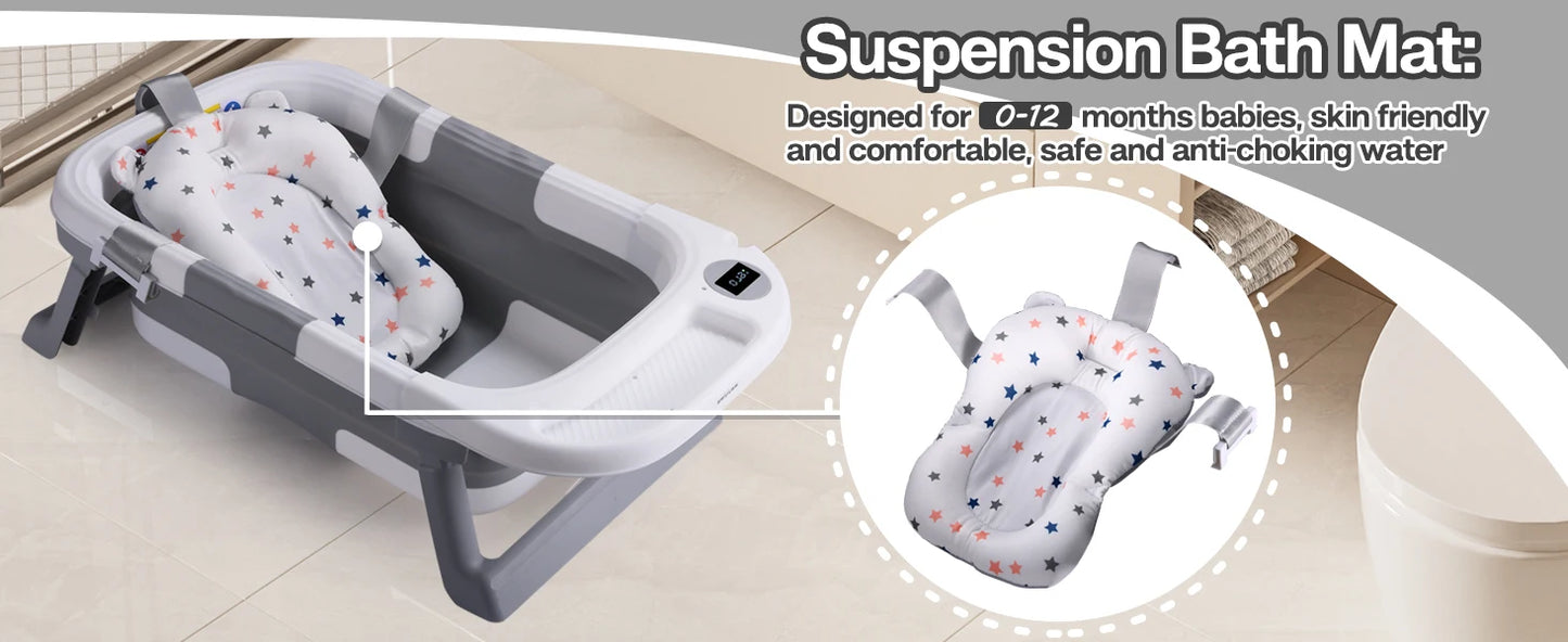 Baby Bath Tub with Soft Cushion & Thermometer 0-36 Months, Portable For Travel