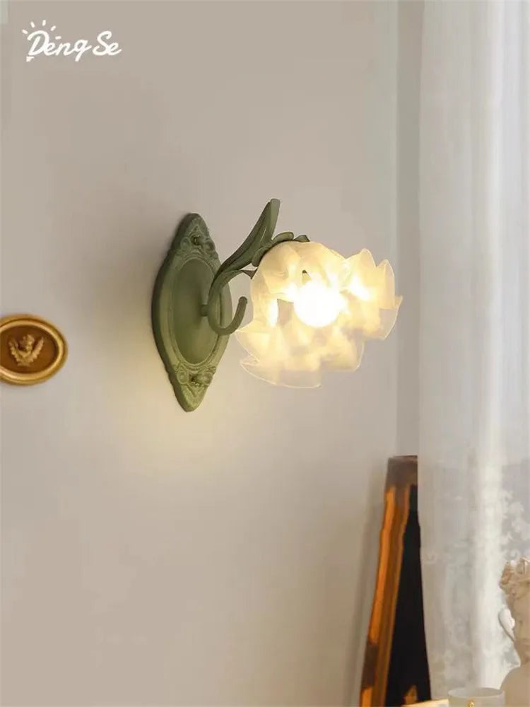 French Flower Wall Light Sconce - Moves Up & Down - Iron Base & Frosted Glass - Indoor Decoration