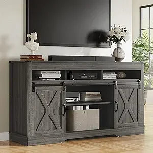 Farmhouse TV Stand for 27-65 Inch TV - Tall Entertainment Center with Storage Cabinets and Sliding Barn Doors