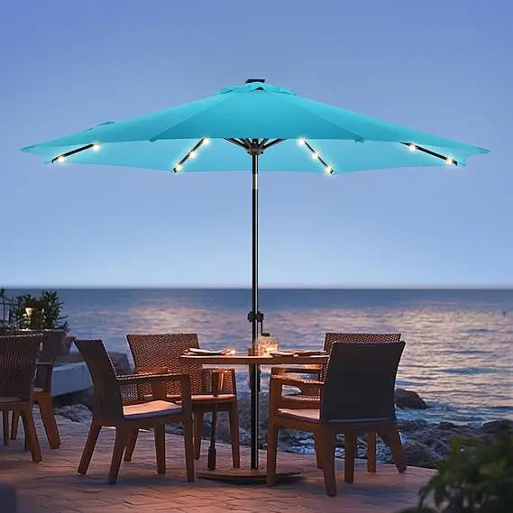 9ft Solar Led Patio Umbrella - Sturdy Outdoor Market Umbrella for Deck, Pool, Garden w/Tilt, Crank, 32 LED Lights, Carbon Grey