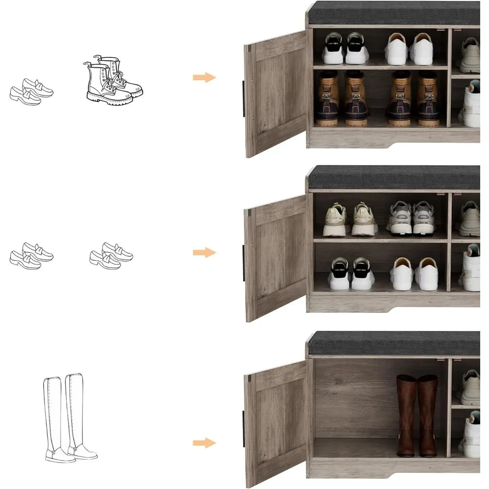 2-Tier Storage Shoe Bench with Thickened Padded Seat Cushion - Entryway Bench with 2 Doors - Adjustable Shelf