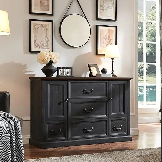 5 Drawers Dresser for Bedroom - Wooden Storage Chest of Drawers w/ 2 Open Doors