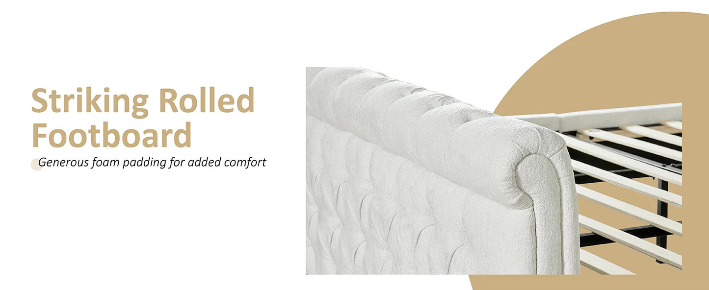 Queen Size Platform Bed Frame - Chenille Upholstered Sleigh Bed with Wingback Headboard - No Box Spring - Cream