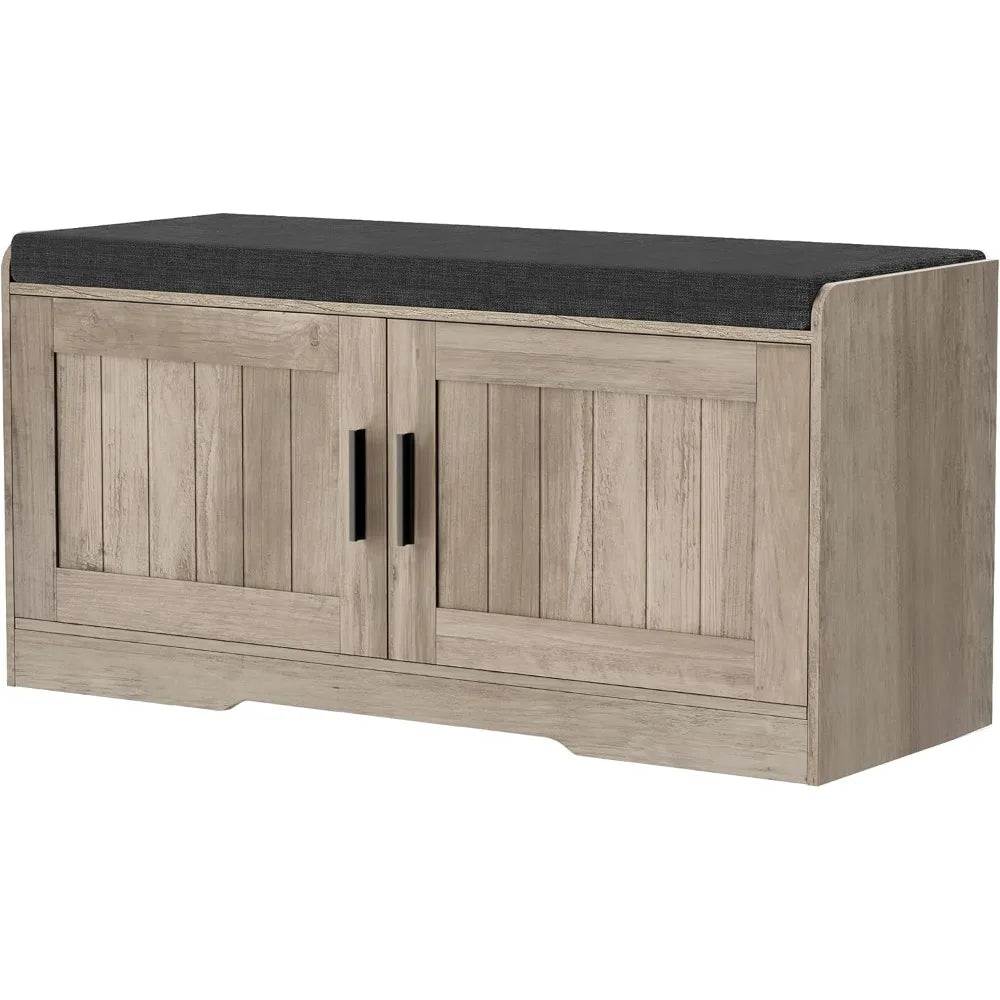 2-Tier Storage Shoe Bench with Thickened Padded Seat Cushion - Entryway Bench with 2 Doors - Adjustable Shelf