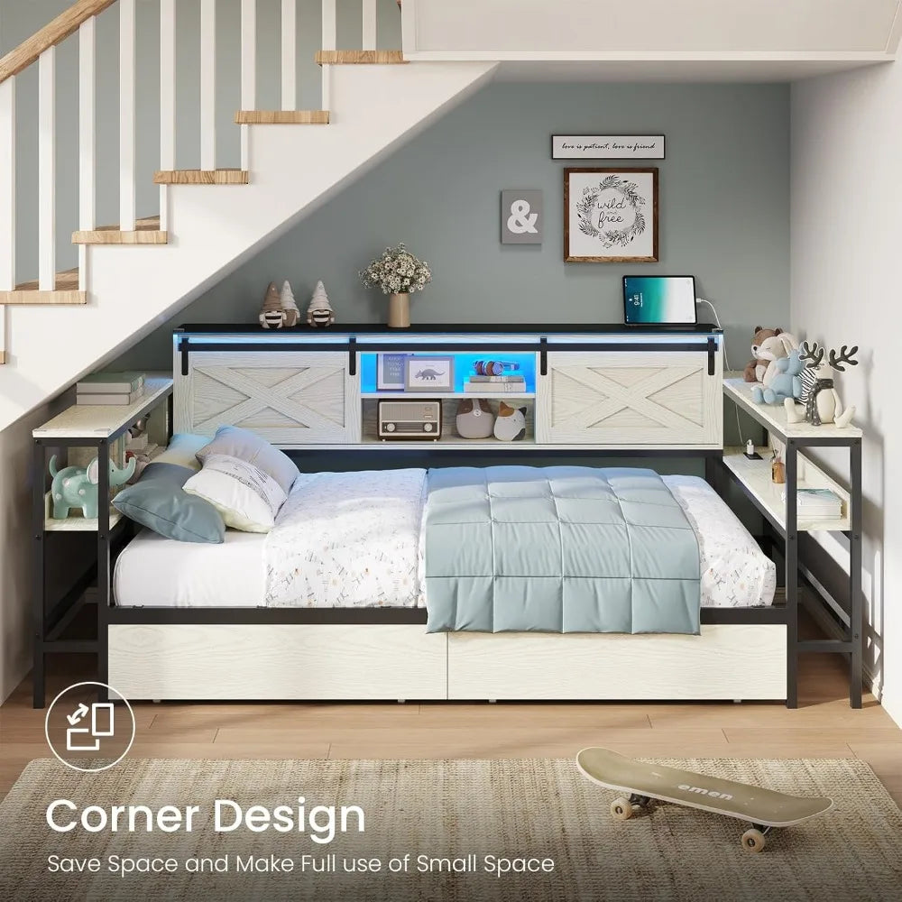 DICTAC Corner Twin XL Bed Frame with Storage Drawers -Charging Station and Led Lights - Daybed with Storage