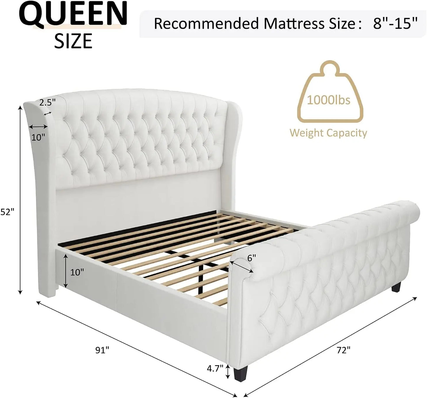 Queen Size Platform Bed Frame - Chenille Upholstered Sleigh Bed with Wingback Headboard - No Box Spring - Cream