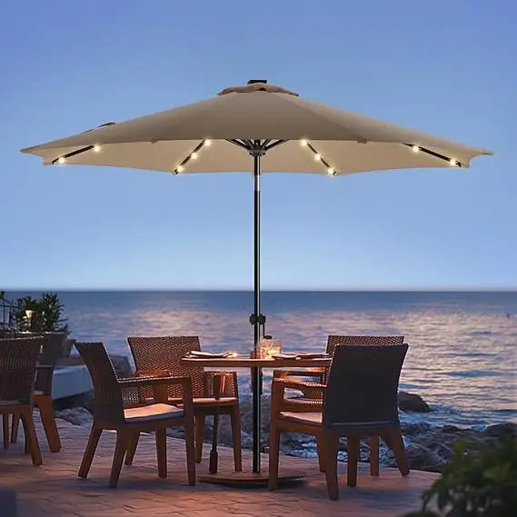 9ft Solar Led Patio Umbrella - Sturdy Outdoor Market Umbrella for Deck, Pool, Garden w/Tilt, Crank, 32 LED Lights, Carbon Grey