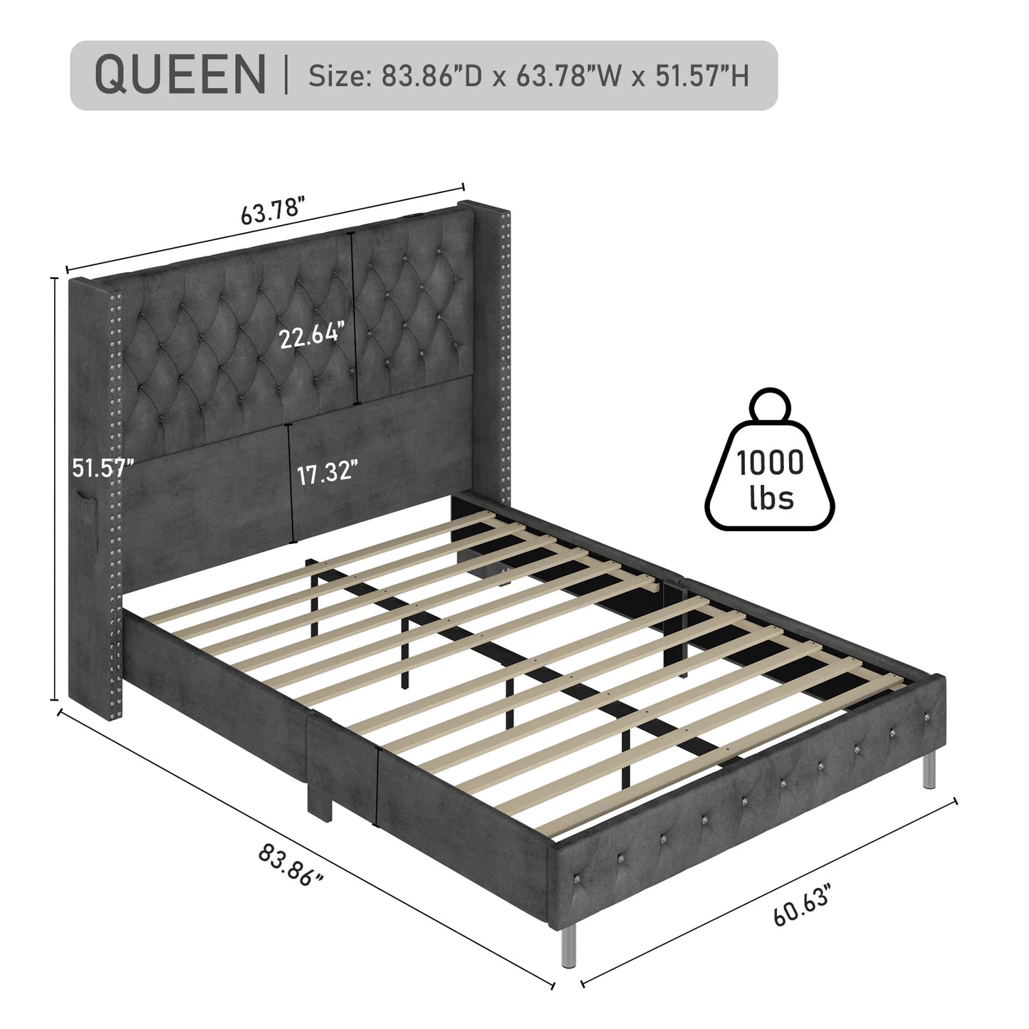 Bed Frame w/ A Wingback Headboard - LED Lights & Charging Station - Modern Upholstered Platform with Diamond Button Tuff