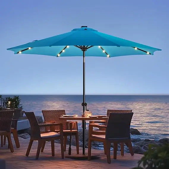 9ft Solar Led Patio Umbrella - Sturdy Outdoor Market Umbrella for Deck, Pool, Garden w/Tilt, Crank, 32 LED Lights, Carbon Grey