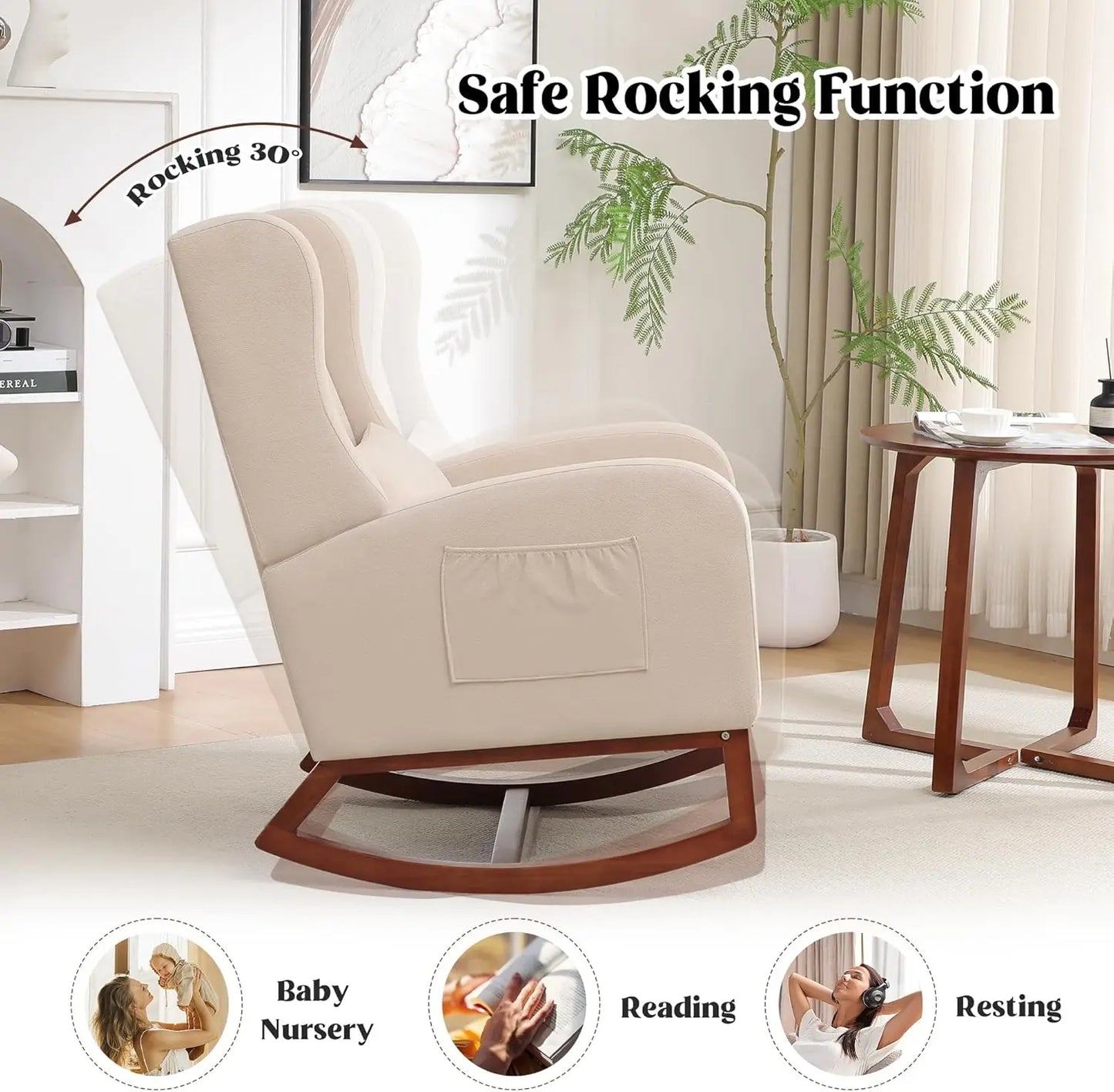 Rocking Chair with Foot Rest - Wingback Nursery Rocking Chair - Teddy Nursing Rocker Chair with Pillow