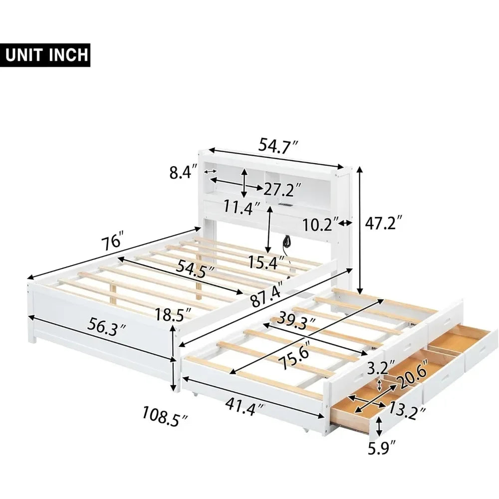 Full Platform Bed with Twin Size Trundle - Bookcase Headboard - Charging Station and 3 Drawers - Wood, Full Storage Bed Frame for Kids