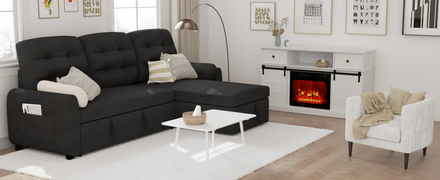 L Shaped Living Room Sectional Sofas - 87" Sleeper Sofa Bed with Side Pocket & Charging Station - Removable Backrest