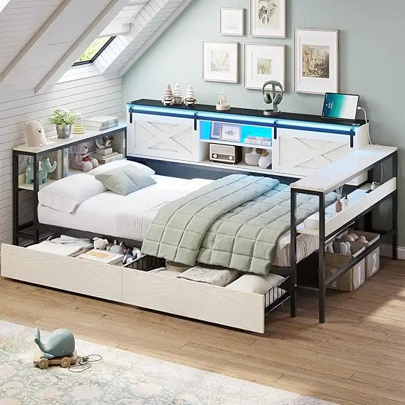 DICTAC Corner Twin XL Bed Frame with Storage Drawers -Charging Station and Led Lights - Daybed with Storage