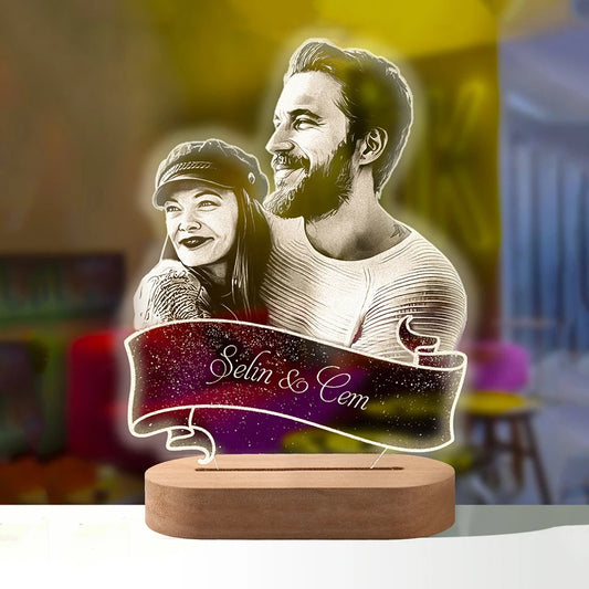 Custom Photo Night Light - Carved Wood Base - Personalized Text
