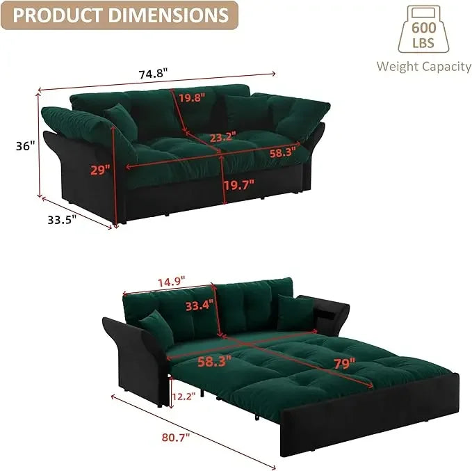 74.8" Queen Pull Out Sofa Bed, 3 in 1 Convertible Sleeper Sofa