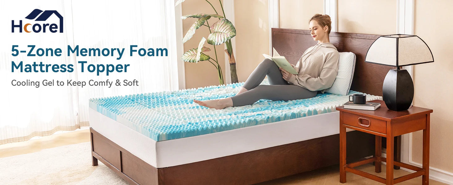 Hcore Mattress Topper - 5-Zone Memory Foam Mattress Topper - Cooling Gel Mattress Topper - Topper for Pressure Relieve, Blue