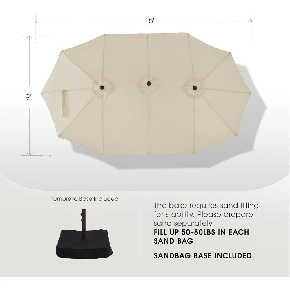 15ft Large Patio Umbrella with Base Included - Outdoor Double-Sided Umbrella with Crank Handle - Powerful UV Protective, for Poo