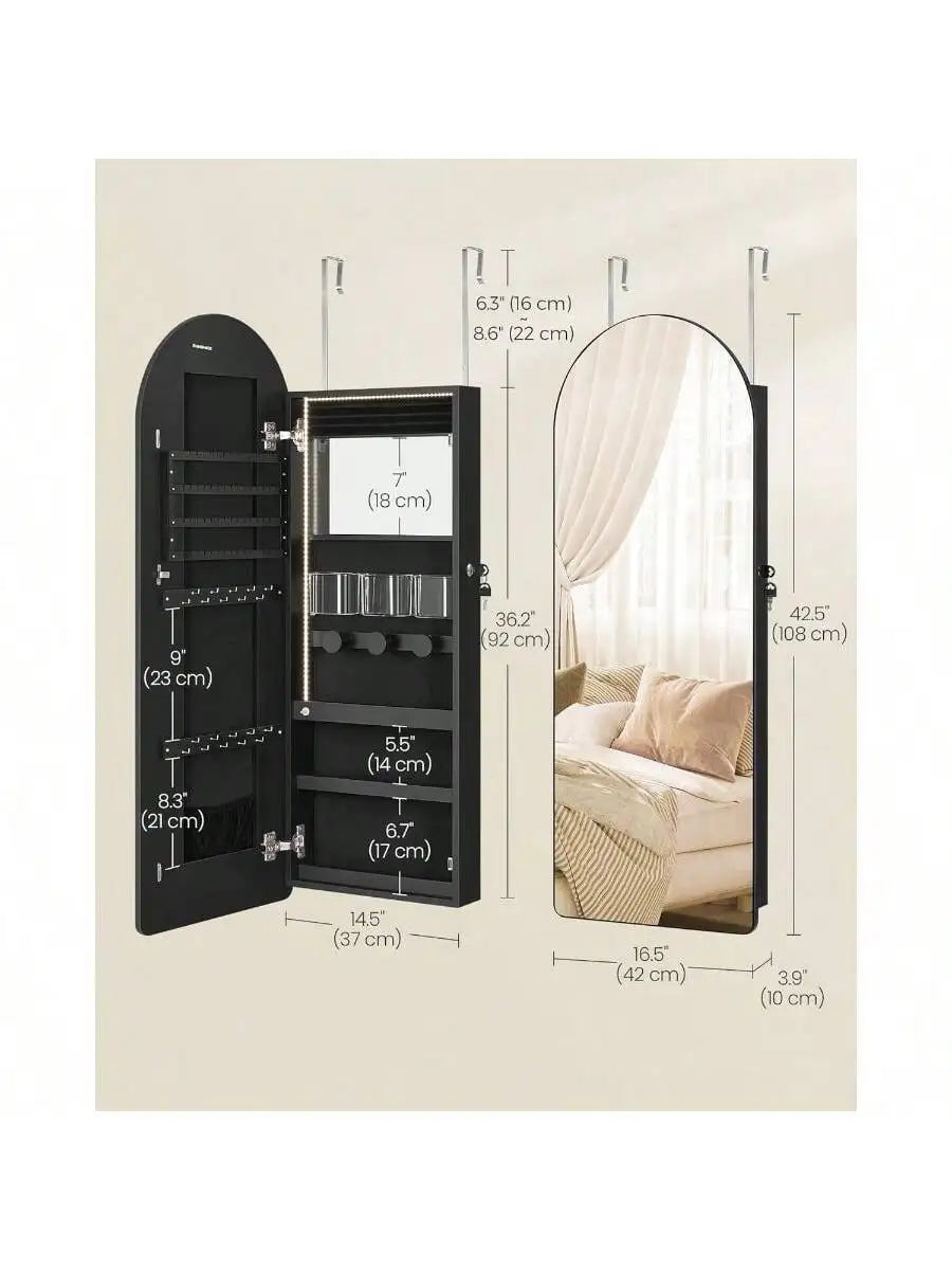 Wide Jewelry Organizer - LED Jewelry Cabinet Wall/Door Mounted - Arched Mirror with Storage - Lockable - Rounded Corner
