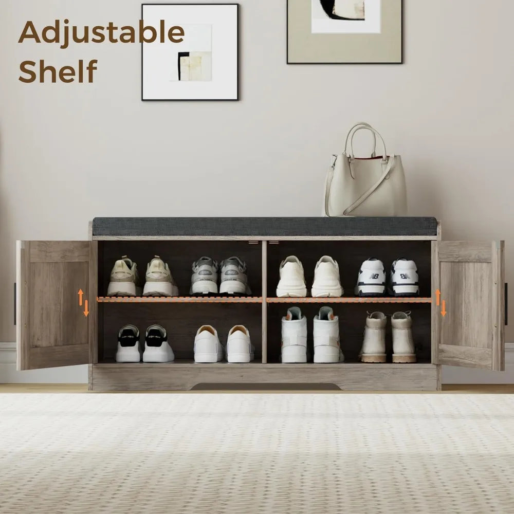 2-Tier Storage Shoe Bench with Thickened Padded Seat Cushion - Entryway Bench with 2 Doors - Adjustable Shelf
