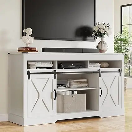 Farmhouse TV Stand for 27-65 Inch TV - Tall Entertainment Center with Storage Cabinets and Sliding Barn Doors