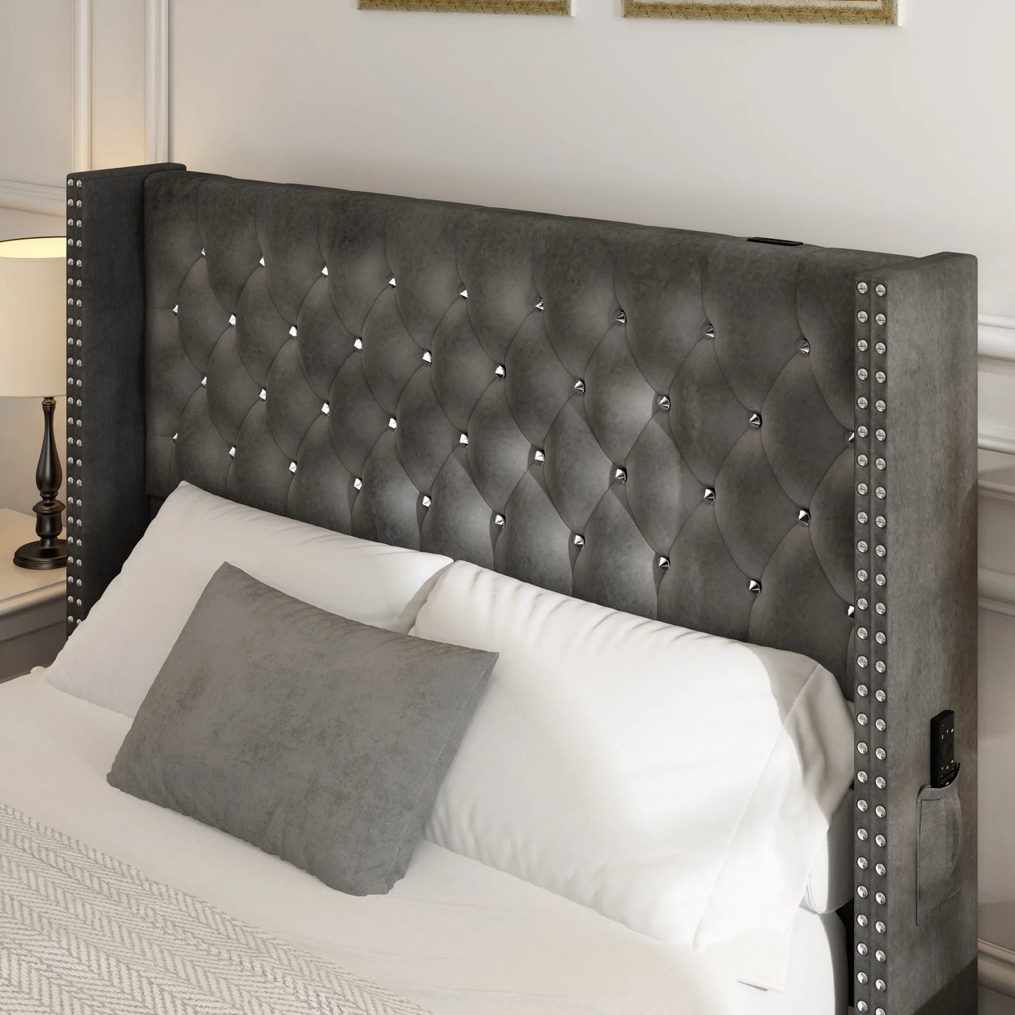 Bed Frame w/ A Wingback Headboard - LED Lights & Charging Station - Modern Upholstered Platform with Diamond Button Tuff
