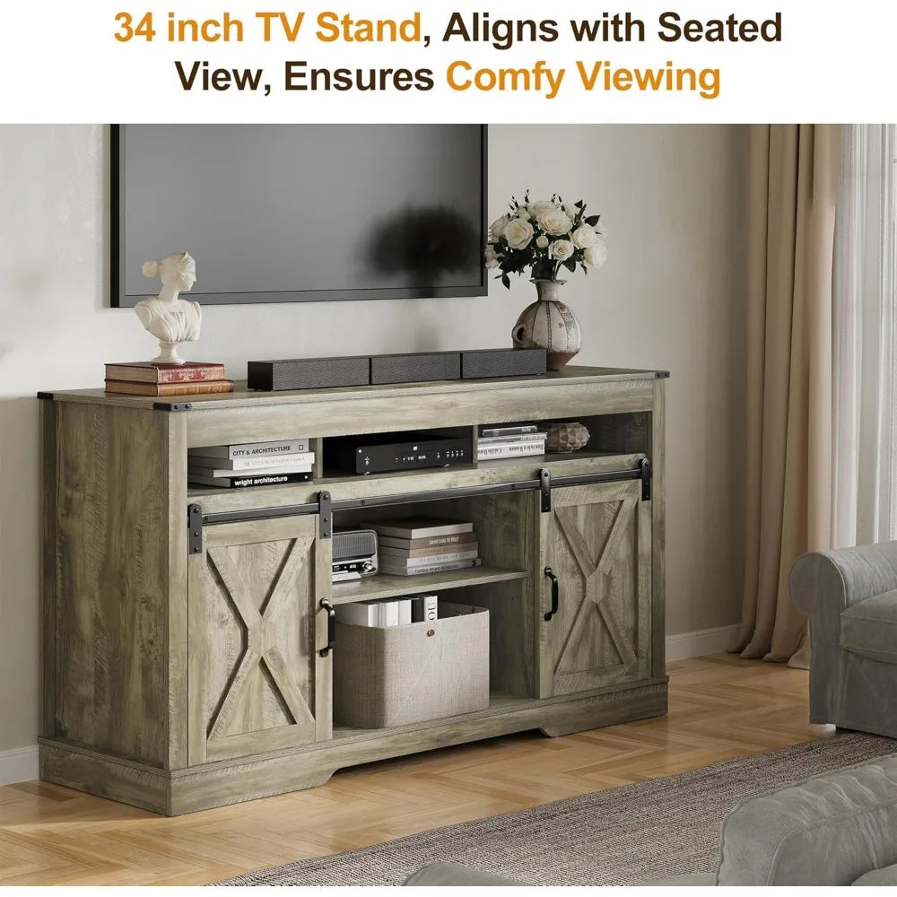Farmhouse TV Stand for 27-65 Inch TV - Tall Entertainment Center with Storage Cabinets and Sliding Barn Doors
