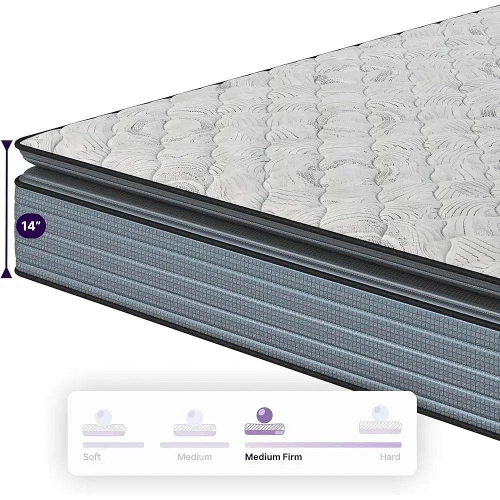 14 Inch Hybrid Pillow Top Queen Mattress, Left - Medium Firm Support - CertiPUR-US Certified Pressure Relief - Motion Isolation - Breathable