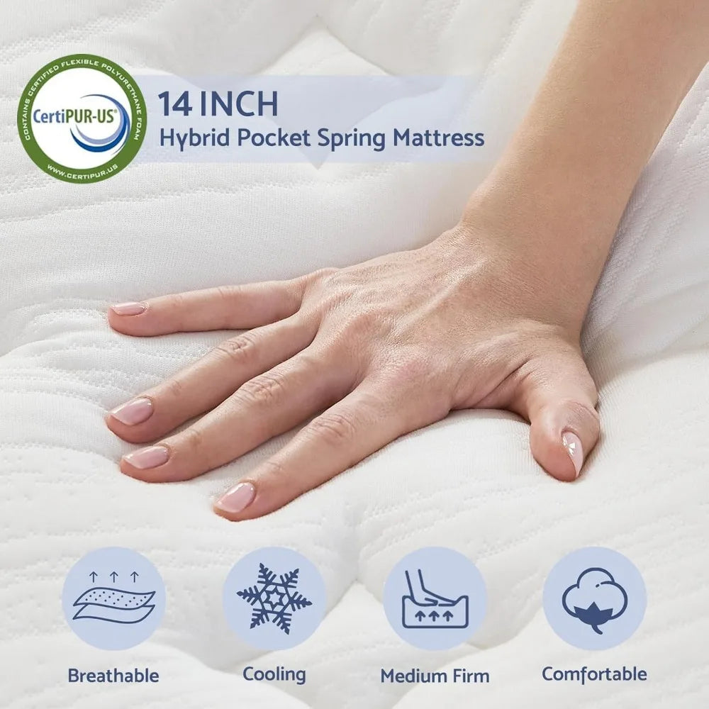 Full Mattress, 14 Inch Full Size Mattress in a Box - Hybrid Mattresses for Pressure Relief - Pocket Springs Mattresses