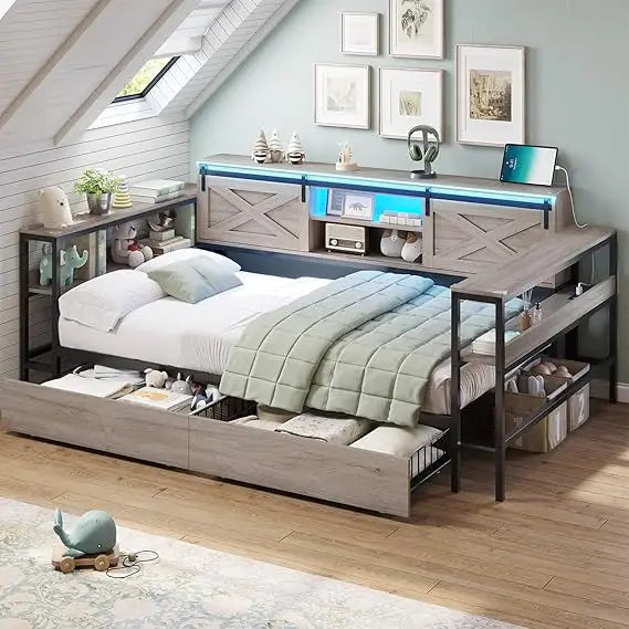 DICTAC Corner Twin XL Bed Frame with Storage Drawers -Charging Station and Led Lights - Daybed with Storage