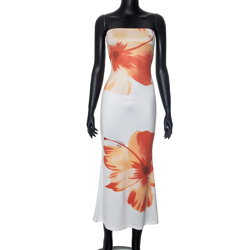 2025 New Floral Print Sleeveless Dress - Off Shoulder, Slim Fit - Floor Length Dress